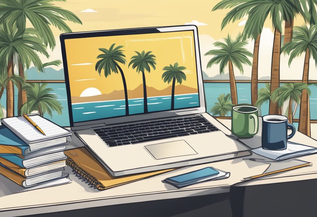Overview of Online Schools that Provide Laptops to Florida Students - laptops with palm trees bhind it muted colors, ocean in background