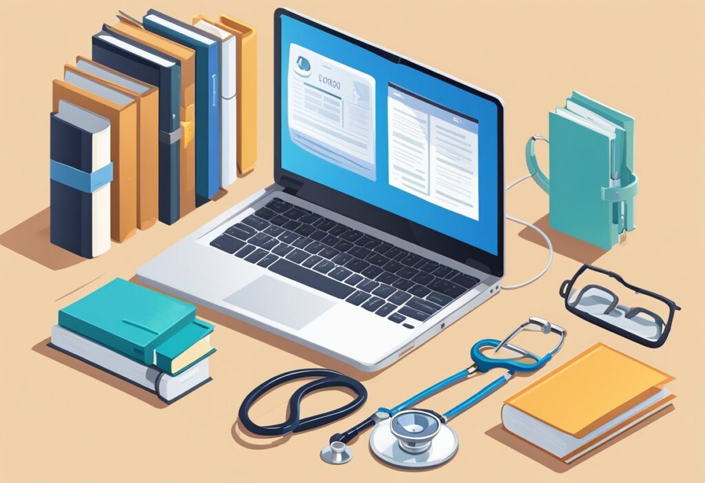 A laptop with a stethoscope on the keyboard, surrounded by medical books and a diploma hanging on the wall - Online Healthcare Degrees page