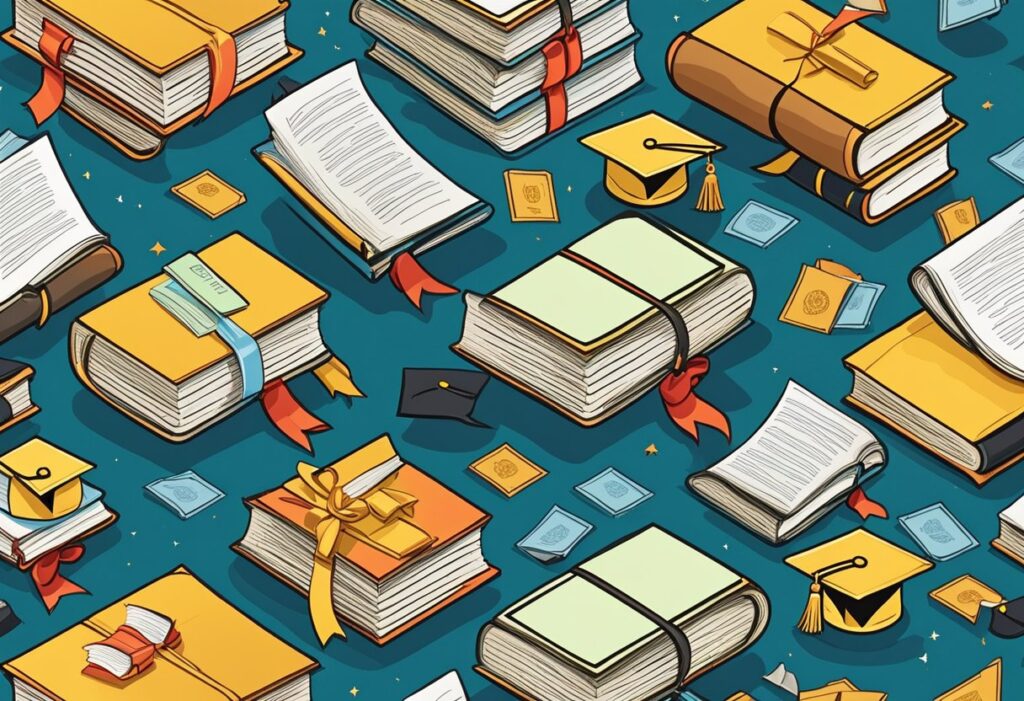 2 Year Degrees: A stack of books with graduation cap on top, surrounded by diploma and certificate scrolls