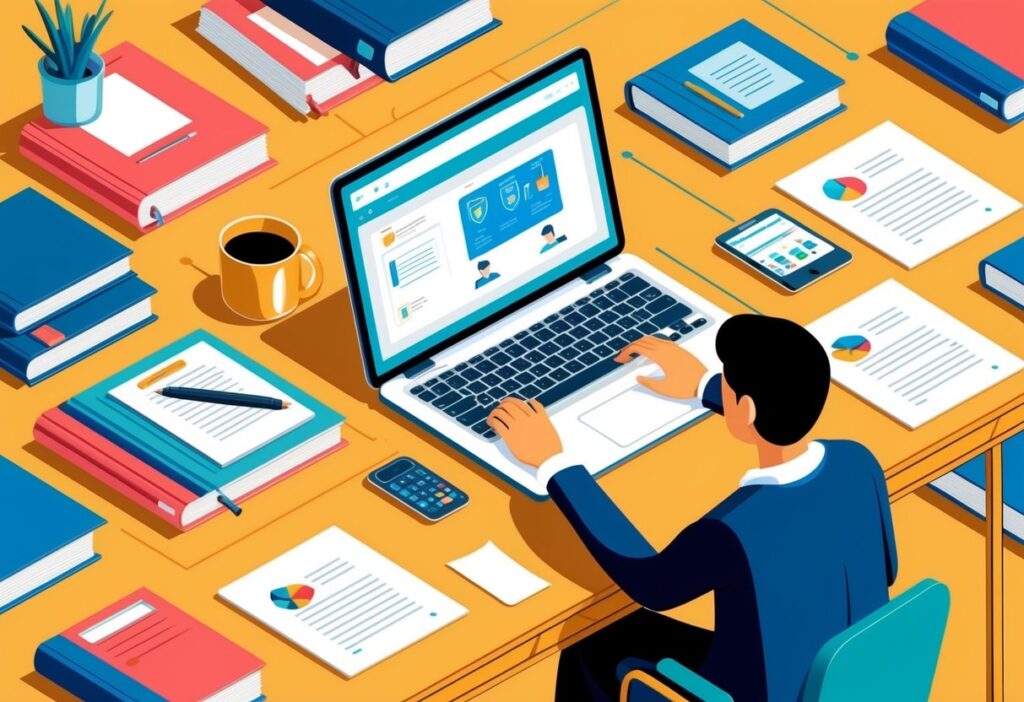 Apply for Online College Classes: Step-by-Step Guide for Prospective Students- picture of a person sitting at a desk with a laptop, surrounded by books and papers, typing and researching for online colleges