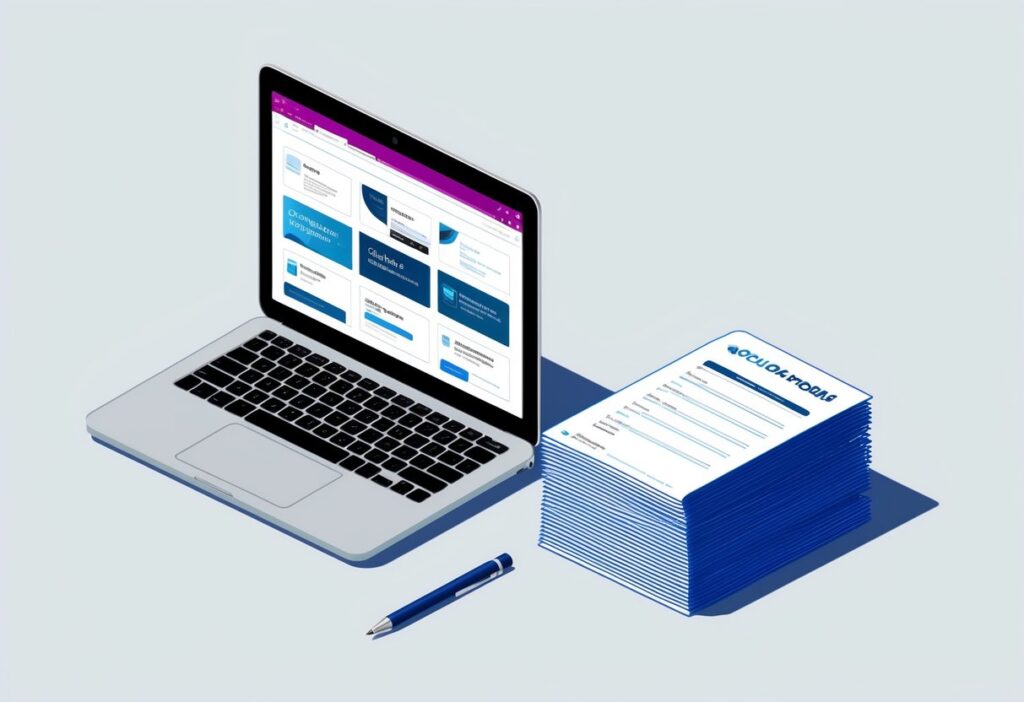 Online Schools with No Application Fees - image of a laptop with an open browser displaying various online college websites. A stack of application forms sits untouched beside it