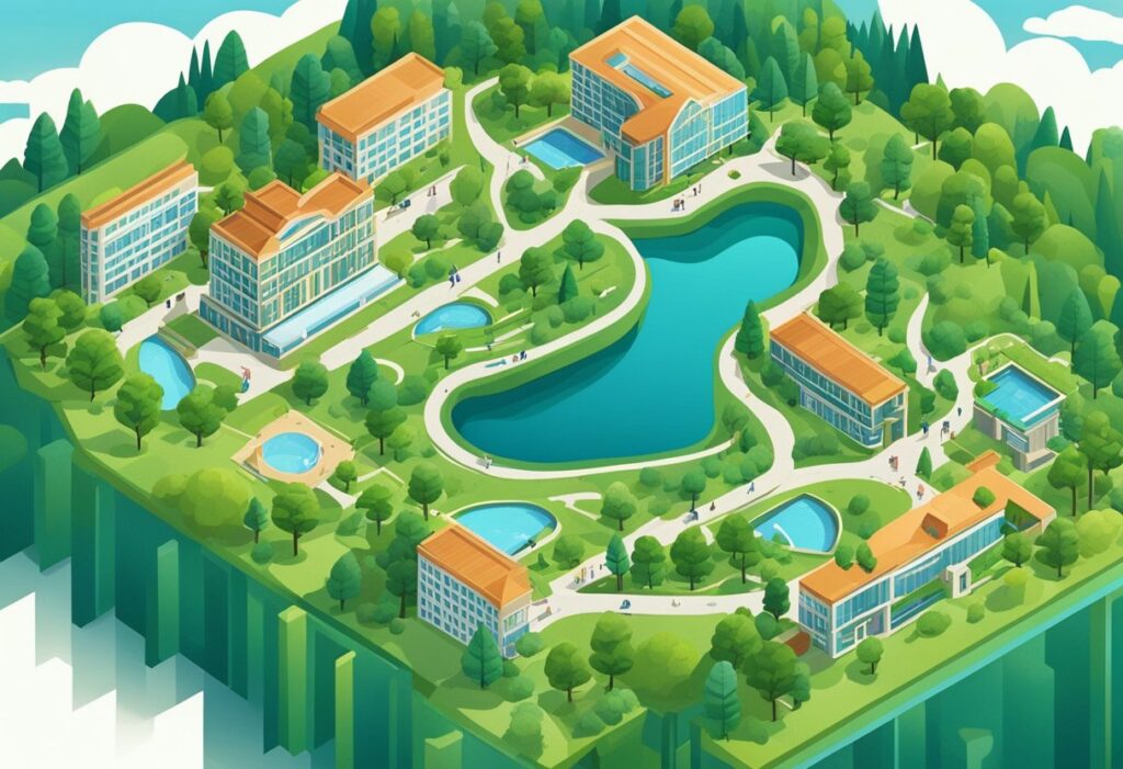 Accredited Online Colleges in Connecticut - A picturesque campus with modern buildings and lush greenery, surrounded by rolling hills and a serene lake in the background