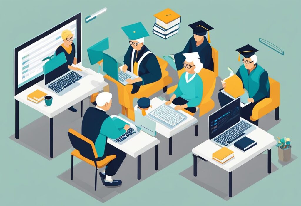 Online College Courses for Senior Citizens - A group of seniors sitting at their computers, engaged in online classes. A laptop with a graduation cap on top symbolizes the achievement of earning a degree