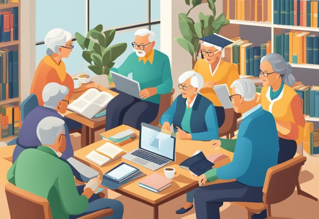 A group of senior citizens engaging in a lively discussion in a college classroom, surrounded by books and laptops. Online degree program advertisements are displayed on a computer screen