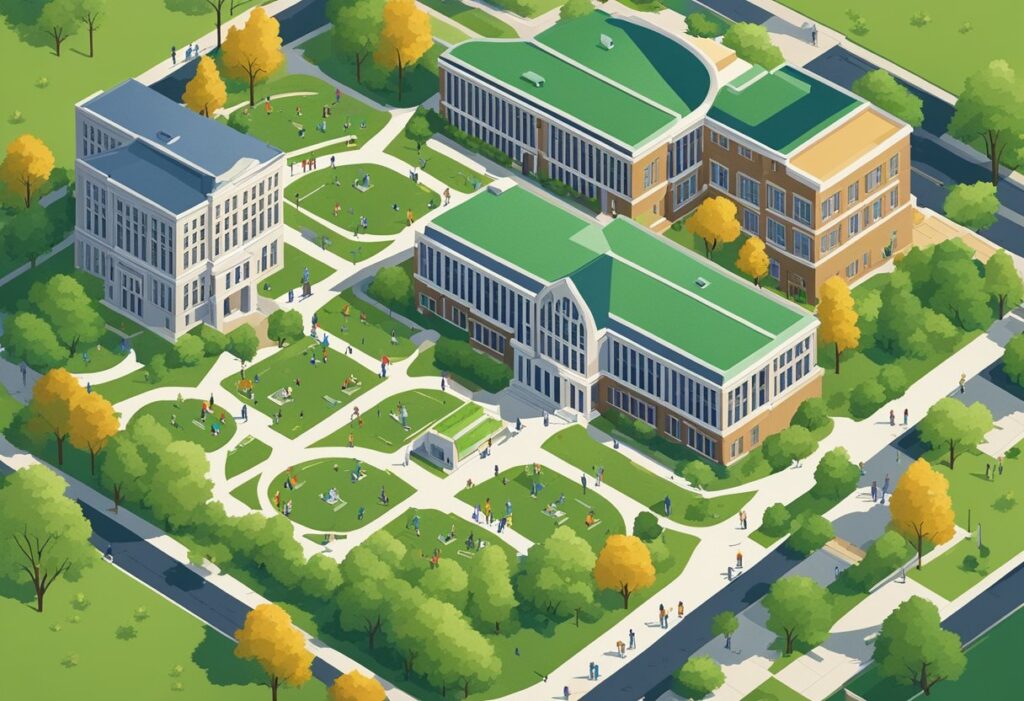 Best Online Colleges in Kansas - An aerial view of a college campus in Kansas with modern buildings, green lawns, and students walking between classes
