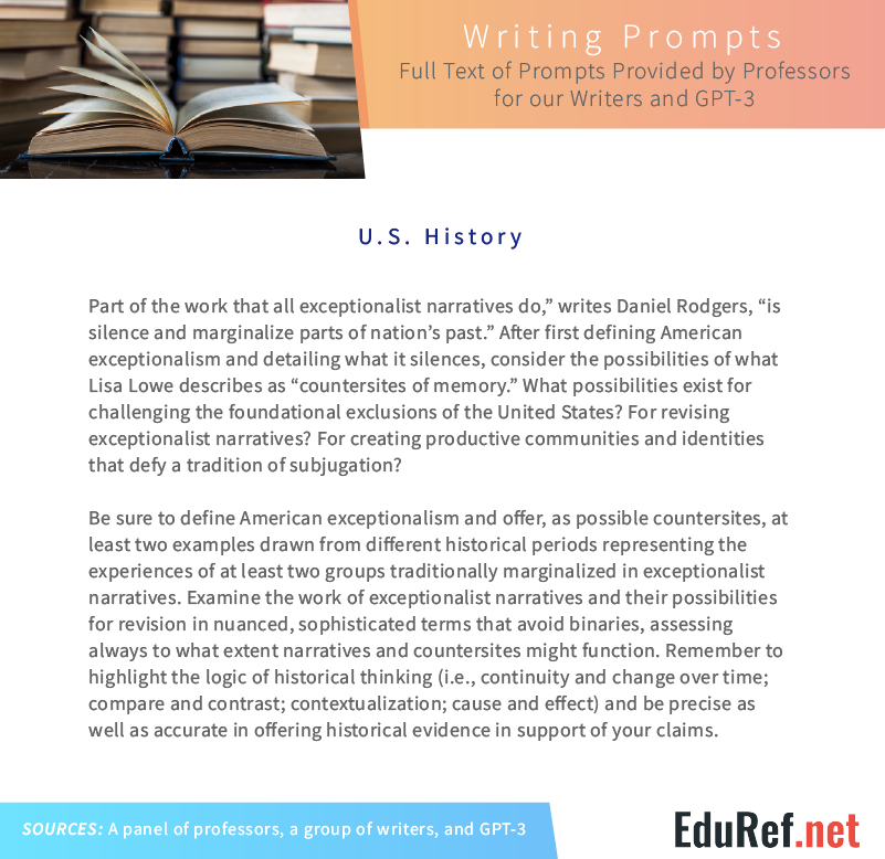 U.S. history essay prompt on American exceptionalism, marginalized groups, and historical thinking skills