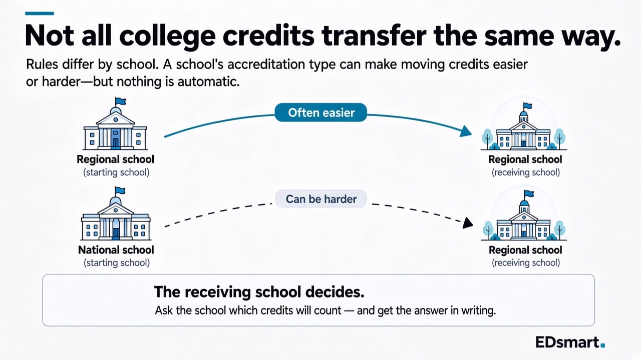Two transfer paths: regional-to-regional often easier; national-to-regional can be harder; the receiving school decides which credits count